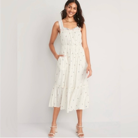 Old Navy Embroidered Maxi Dress Boho Peasant Cottagecore Cream Size L - Picture 1 of 14